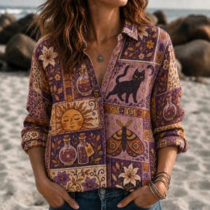 May include: A long-sleeved button-down shirt featuring a patchwork print of purple, orange, and cream colours. The pattern includes illustrations of a black cat, a sun face, moths, floral motifs, and glass potion bottles with cork stoppers.