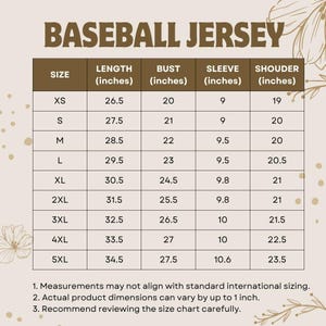 Puede incluir: Tabla de tallas de camisetas de b&eacute;isbol con medidas en pulgadas para largo, busto, manga y hombro. Tallas de XS a 5XL. La tabla indica posibles variaciones y recomienda revisar cuidadosamente las medidas.