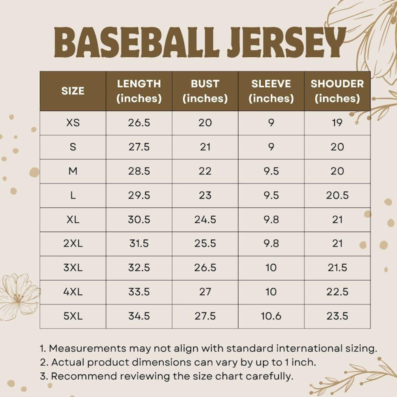 Puede incluir: Tabla de tallas de camisetas de b&eacute;isbol con medidas en pulgadas para largo, busto, manga y hombro. Tallas de XS a 5XL. La tabla indica posibles variaciones y recomienda revisar cuidadosamente las medidas.