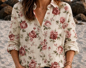 Red Rose Floral Blouse Shirt, Women Button Up Beach Blouse, Vintage Rose Print Shirt, Boho Coastal Vacation Top, Summer Resort Gift
