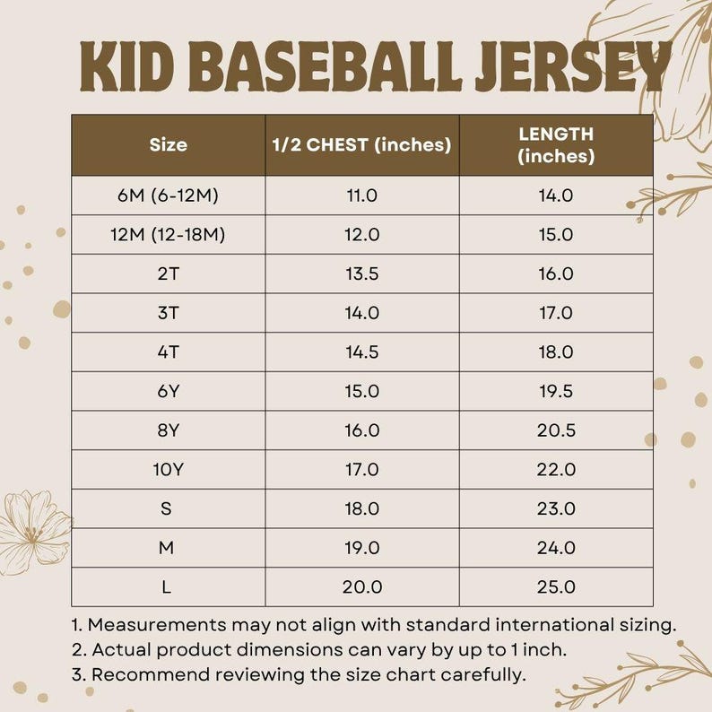 Puede incluir: Una tabla de tallas para camisetas de b&eacute;isbol para ni&ntilde;os. La tabla, sobre un fondo marr&oacute;n, enumera tallas de 6M a Large, con medidas de pecho y largo en pulgadas. El texto "KID BASEBALL JERSEY" est&aacute; en la parte superior.