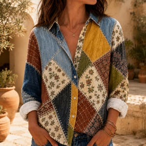 May include: A long-sleeve button-down shirt featuring a patchwork design of diamond-shaped fabric panels. The pattern includes blue denim, mustard yellow, olive green, and brown sections with floral prints and plaid textures, finished with white stitching.