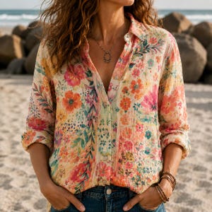 May include: A long-sleeved button-down shirt featuring a vibrant floral print with shades of orange, pink, yellow, and green on a cream background. The shirt has a classic collar, a front button placket, and is worn tucked into blue denim jeans.