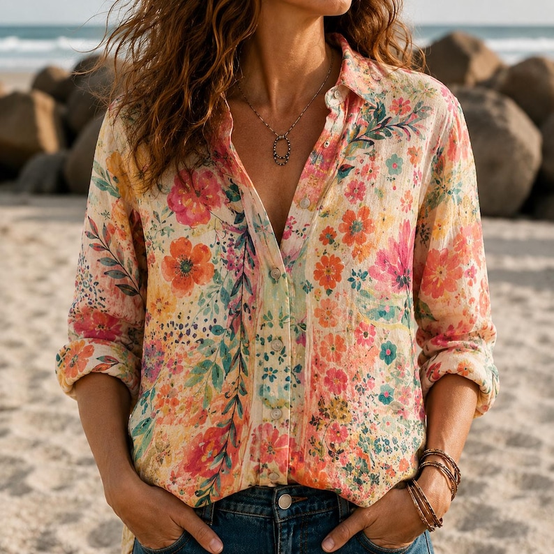 May include: A long-sleeved button-down shirt featuring a vibrant floral print with shades of orange, pink, yellow, and green on a cream background. The shirt has a classic collar, a front button placket, and is worn tucked into blue denim jeans.