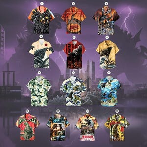 May include: Collection of short-sleeved button-down shirts with various Godzilla-themed designs. The shirts feature vibrant colors and detailed graphics of the iconic monster, cityscapes, and Japanese art. The shirts are a mix of orange, yellow, blue, and green.