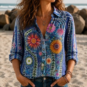 May include: A long-sleeved button-down shirt featuring a vibrant blue base with a geometric pattern and large, colourful sun-like floral motifs in shades of orange, yellow, pink, and white, finished with a classic collar and front button closure.