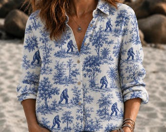 Bigfoot Toile Button Shirt, Sasquatch Blue White Blouse, Forest Cryptid Print Shirt, Coastal Vacation Top, Boho Summer Gifts for Women