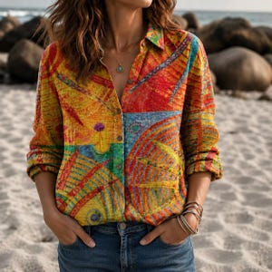 May include: A long-sleeved button-down shirt featuring a vibrant, multi-colored abstract print with dominant shades of yellow, orange, red, and blue. The shirt has a classic collar, a front button placket, and is paired with blue denim jeans.