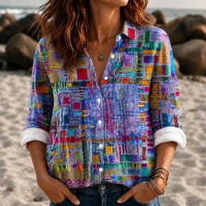 May include: A long-sleeved button-down shirt featuring a vibrant, multicolored patchwork-style print with squares and rectangles in shades of purple, blue, yellow, red, and green. The shirt has a collar, white buttons, and rolled-up cuffs.
