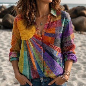 May include: A long-sleeve button-down shirt featuring a vibrant, multi-colored sunburst pattern. The design incorporates various geometric and floral textures in shades of yellow, orange, red, purple, blue, and green, with a collar and cuffs.