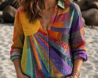 Look Sun Patchwork Shirt for Women, Boho Colorful Button Down Blouse, Artistic Hippie Top, Retro Sunburst Shirt