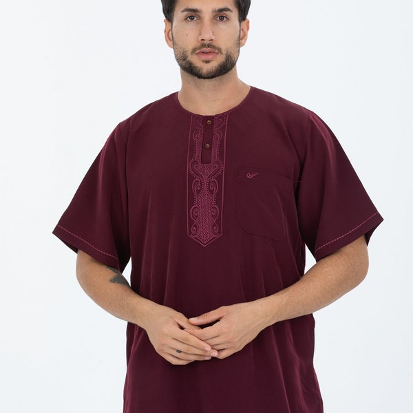 Muslim Moroccan Man Thobe, Premium Muslim Djellaba, Short Sleeve Embroidered Jubbah, Luxury Thobe, Islamic Kandora Kaftan, Ramadan Eid Gift
