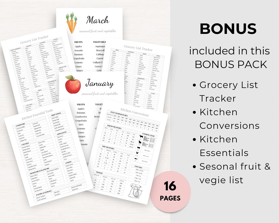EDITABLE Menu Planner Template Food Journal Printable Meal Plan Grocery