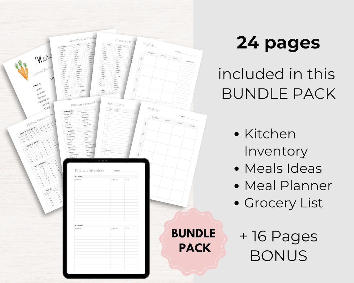 EDITABLE Menu Planner Template Food Journal Printable Meal Plan Grocery