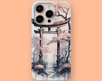 Torii met Cherry Blossom Slim Case geschikt voor iPhone 15, 15 Pro, 15+, 15 Pro Max, 14, 14 Pro, 14+, 14 Pro Max en Samsung S23, S23+, S23 Ultra