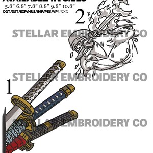 May include: A digital embroidery design featuring a character with a sword and flames, and three swords with different designs. The design is available in sizes 5.8 inches to 10.8 inches. The text "AVAILABLE IN SIZES" and "STELLAR EMBROIDERY CO" is also included in the image.