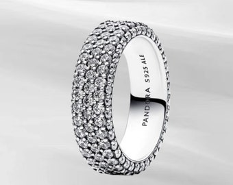 Pandora Zeitloser dreireihiger Pavé-Ring, handgefertigter Ehe-Valentinsring, S925 Sterling Silber Charm-Ring, Geschenk für Sie