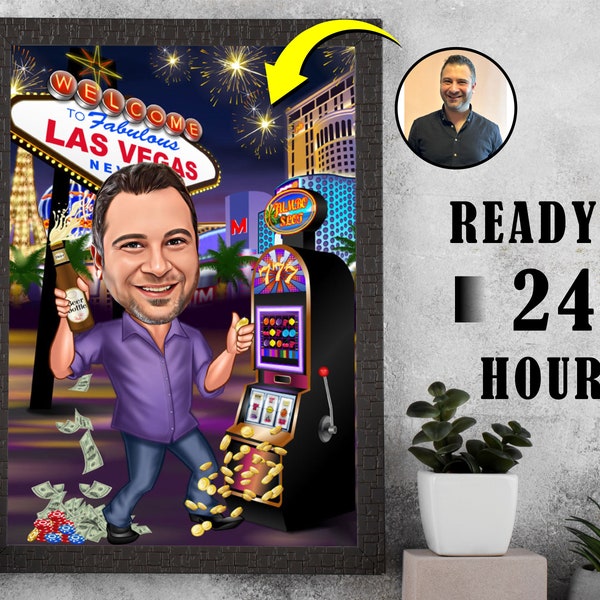 Personalisierte Las Vegas Cartoon, kundenspezifische Kasinokarikatur, Geschenk vom Foto, Glücksspielkarikatur, Las Vegas Karikatur, Pokerspieler Geschenk