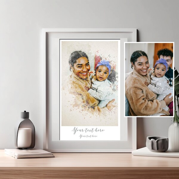 Mother Portrait Digital Watercolour Art Customised with Text, Handmade Gift for Mum