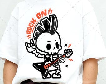 Rock On Skeleton SVG for Kids | Punk Guitar Skull Design with Mohawk | Rockstar Skeleton with Guitar SVG Shirt
