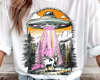 OVNI Vaca Secuestro PNG / Diseño gráfico de camiseta de dibujos animados de extraterrestres coloridos / Clipart de camiseta de bosque retro brillante / Sublimación espacial de vaca divertida Ar