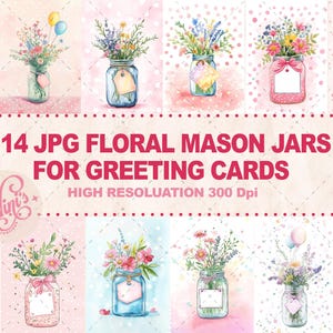 Pacote de Cartões Florais em Pote de Vidro | 14 Designs em JPG para Cartões de Aniversário, Dia das Mães e Agradecimento | Conjunto de Cliparts de Flores em Aquarela para Imprimir