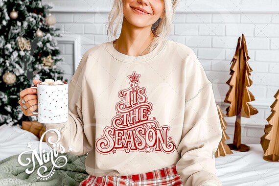 Tis The Season SVG, Festive Lettering Typography Svg, Holiday Christmas Ornament Tree PNG, Retro Christmas Quote SVG for Cricut & Silhouette