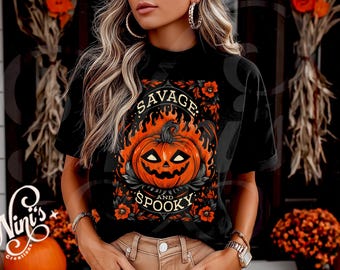 Savage and Spooky PNG | Pumpkin Halloween Shirt Design | Vintage Jack-O’-Lantern for Black T-Shirt Sublimation | Grunge Halloween Png