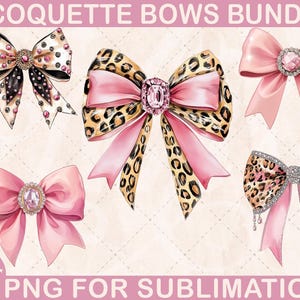 May include: Set of five pink and leopard print bows with rhinestones.  The bows are perfect for adding a touch of glam to any project.  PNG for sublimation.