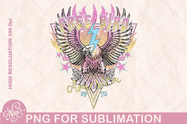 May include: A colorful graphic design featuring a stylized eagle with wings spread, a lightning bolt, and the text "FREE BIRD" and "America 1972".