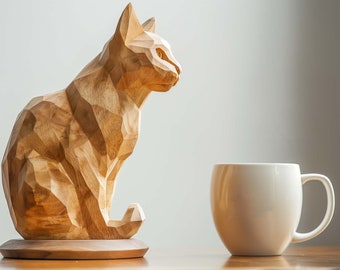 Customizable Wooden Cat Figurine: Natural and Safe Wood Materials