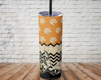 Skinny Tumbler Summery Floral Mustard Print Black Chevrons Trendy Fresh Drinkware Water Bottle with Straw for Offices Schools Gym and Beach