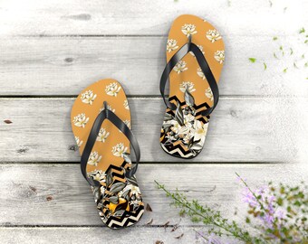 Flip Flops Beach Footwear Casual Summer Lightweight Premium Quality Print Mustard Yellow Black White Florals Bathroom Sliders Anti Slip