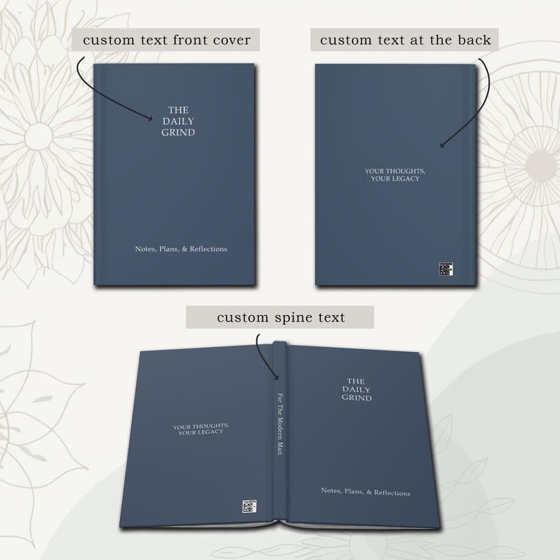 K&ouml;nnte beinhalten: Ein blaues Hardcover-Journal mit dem Text "The Daily Grind" auf dem vorderen Umschlag und "Your Thoughts, Your Legacy" auf dem hinteren Umschlag. Der R&uuml;cken hat den Text "For The Modern Man" und "Notes, Plans, & Reflections".