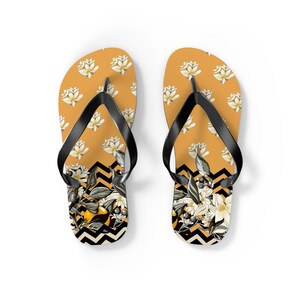 Flip Flops Beach Footwear Casual Summer Lightweight Premium Quality Print Mustard Yellow Black White Florals Bathroom Sliders Anti Slip image 3