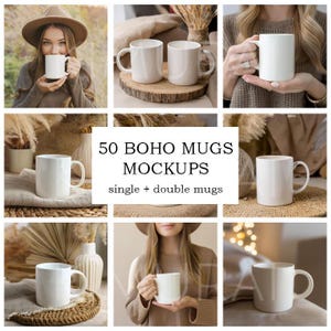 50 Boho Mug Mockups: White Ceramic Mugs, Lifestyle Home Office (Digital Download)