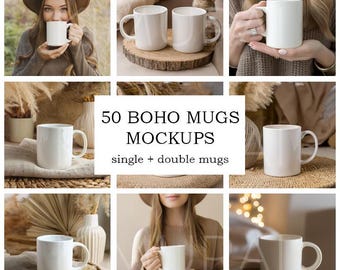 50 Boho Mug Mockups: White Ceramic Mugs, Lifestyle Home Office (Digital Download)