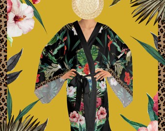 Kimono Summery Floral Safari Silky Dress Wrap in Luxury Shrug Cardigan Leafy Mid Length Kimono Beachwear Outerwear Black Dress with Flowers