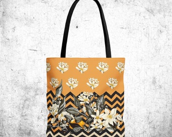 Tote Bag Mustard Floral Black Chevrons Print Summer 2024 Beach Bag Casual Grocery Bag Canvas Bag All-Over Printed Tote Shopping Bag Spacious