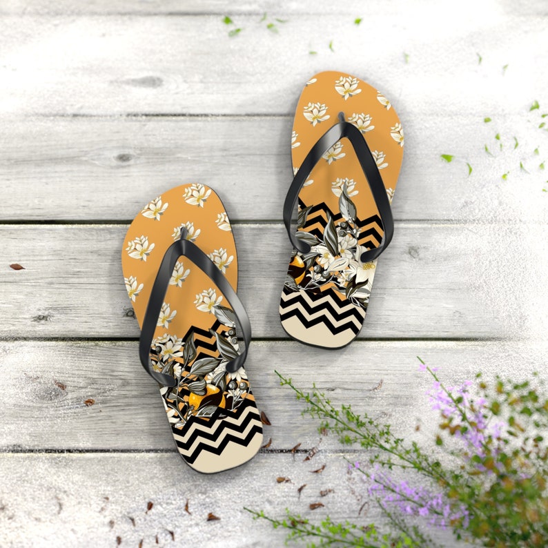 Flip Flops Beach Footwear Casual Summer Lightweight Premium Quality Print Mustard Yellow Black White Florals Bathroom Sliders Anti Slip image 2