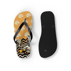 Flip Flops Beach Footwear Casual Summer Lightweight Premium Quality Print Mustard Yellow Black White Florals Bathroom Sliders Anti Slip image 4