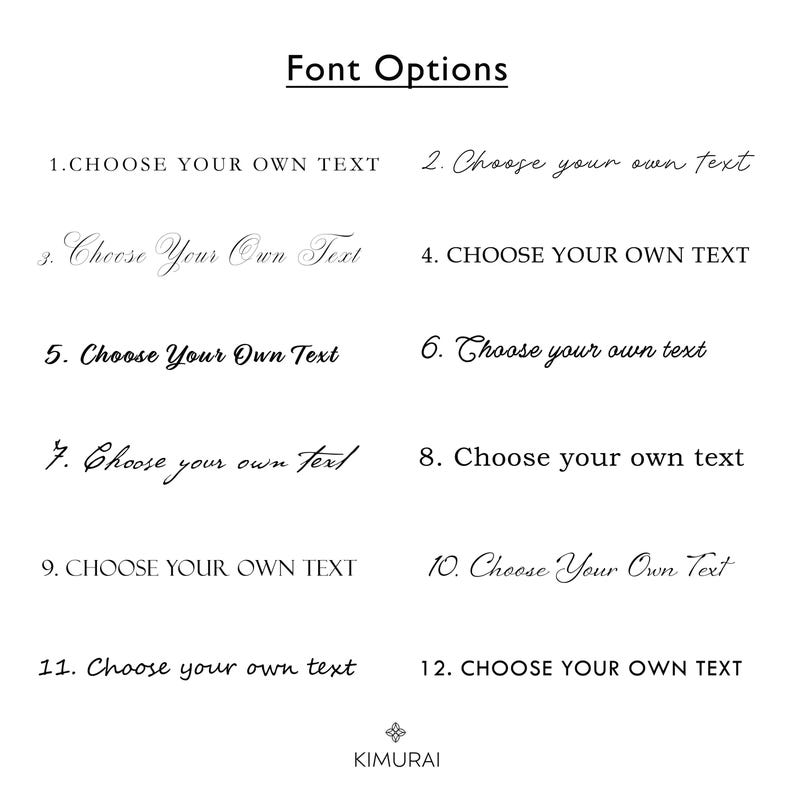 K&ouml;nnte beinhalten: Eine Liste mit 12 verschiedenen Schriftarten f&uuml;r die Textanpassung. Jede Option zeigt den Text "W&auml;hlen Sie Ihren eigenen Text" in einer anderen Schriftart.