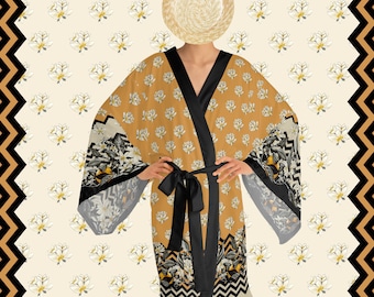 Kimono Kleid Seidige Strickjacke All-Over Print Kleid Senf Gelb Robe Stilvolle Lange Fließende Ärmel Sommer Wickelkleid Strand Oberbekleidung Shrug