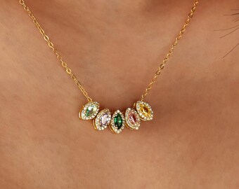 14K Solid Gold Family Birthstone Necklace, Silver Birth stone, Custom Birthstone Necklace, Mothers Necklace, Birthstone Gift, Christmas Gift