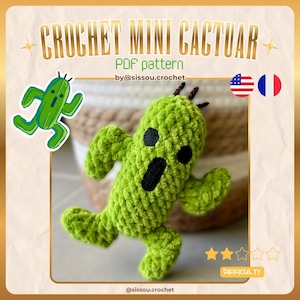 Op de afbeelding: Een groen gehaakt knuffeltje in de vorm van een Cactuar met zwarte vilten ogen en een mond. De afbeelding bevat de tekst CROCHET MINI CACTUAR, PDF pattern, by@sissou.crochet en een kleine afbeelding van het personage met een moeilijkheidsgraad.
