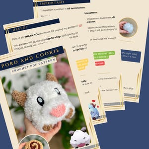 May include: A crochet PDF pattern titled "PORO AND COOKIE" featuring a plush Poro character, a crocheted cookie, and instructions. The pattern is written in US terminology and includes step-by-step guidance with images. The image also shows the text "THANK YOU" and "IMPORTANT".