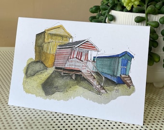 Carte de voeux vierge de huttes de plage, carte d'anniversaire sur le thème de la plage, Whitstable