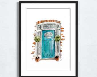 Custom hand-drawn front door drawing, house warming gift, watercolour front door illustration