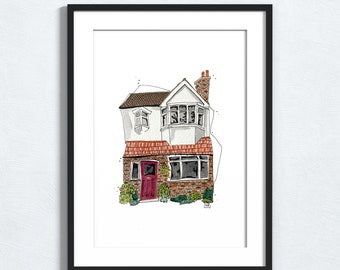 Illustration de maison dessinée à la main sur mesure, cadeau de pendaison de crémaillère, commande de maison à l'aquarelle