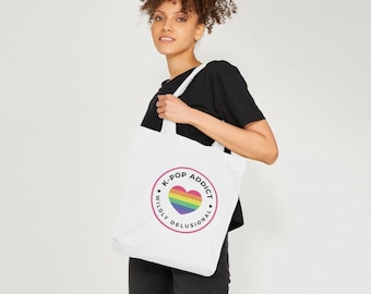 Kpop Addict Tote Bag con diseño de corazón arco iris, bolsa de compras para un fan salvajemente delirante, regalo para amante de Kpop, bolsa de libros para estudiante loco de Kpop